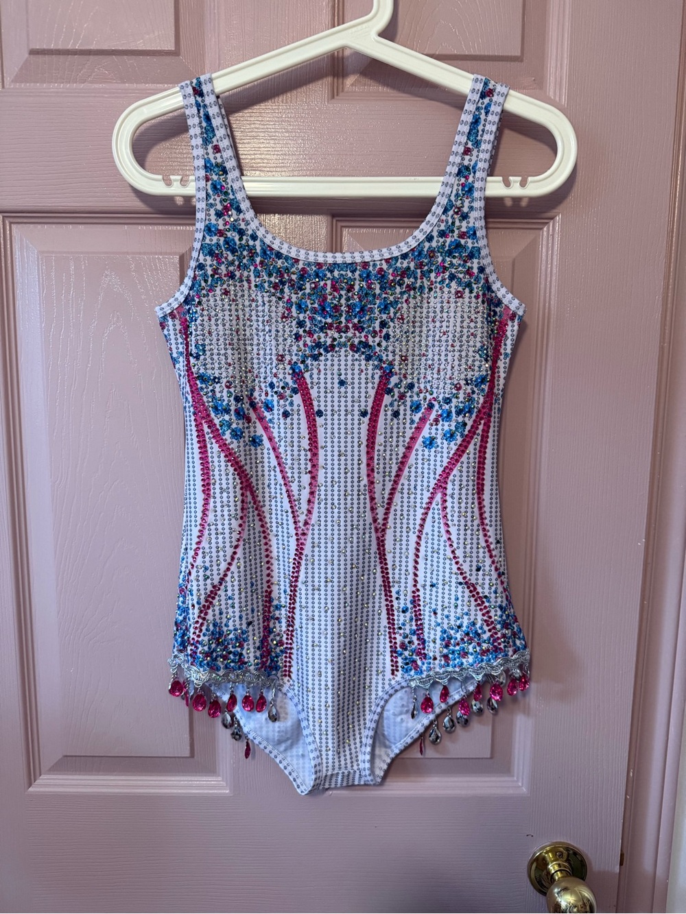 Taylor Swift Eras Tour Bodysuit White and Pink Jeweled Leotard with Blue Accents